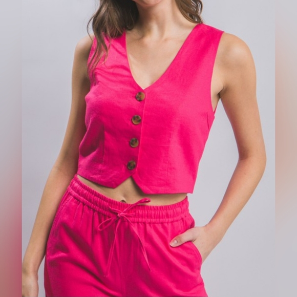 #391 🛑S,M Boho HOT PINK Linen Button Down Vest - Picture 2 of 12